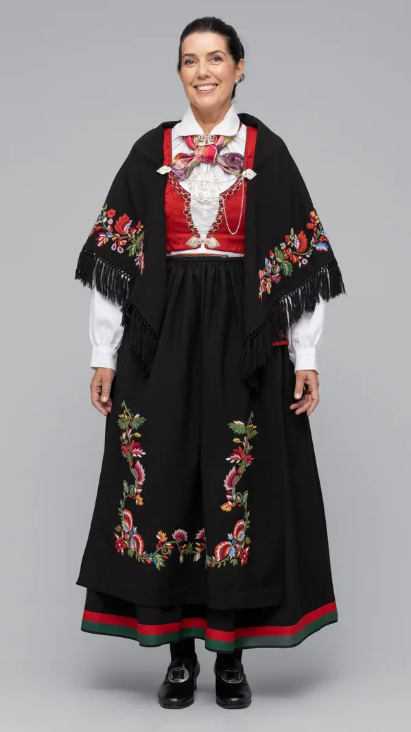 Woman wearing the rynkestakk, a gathered skirt variation of the Vest-Agder bunad, in dark fabric with a white embroidered shirt