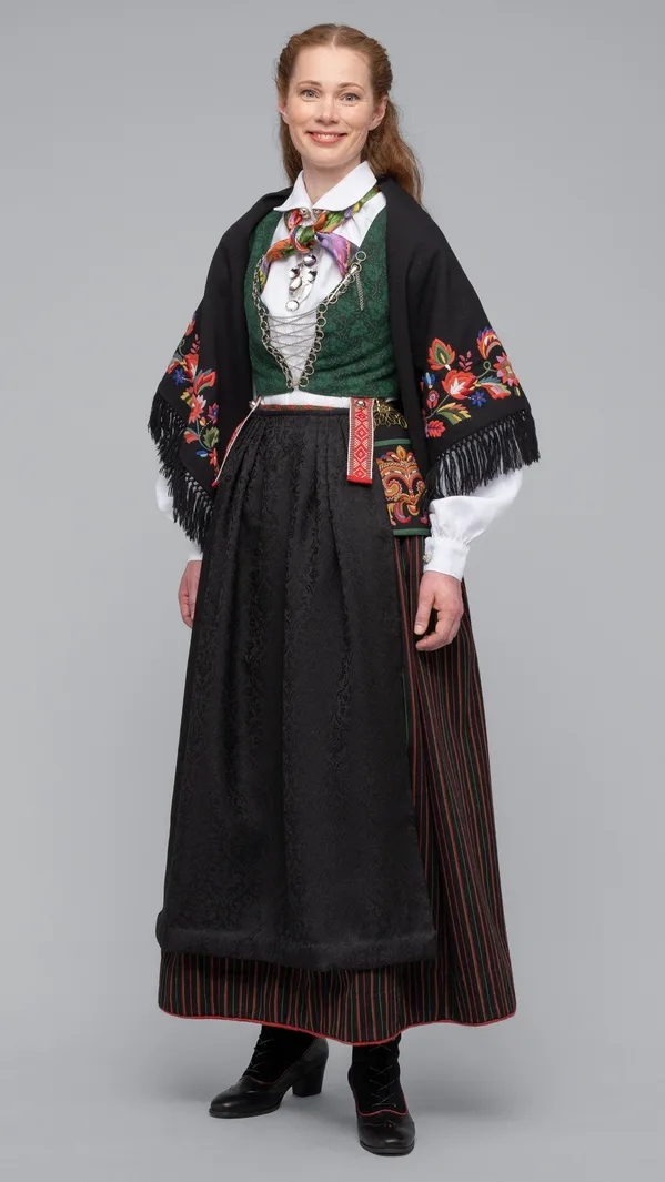 Woman wearing the stripestakk, a striped skirt variation of the Vest-Agder bunad, with colourful horizontal stripes