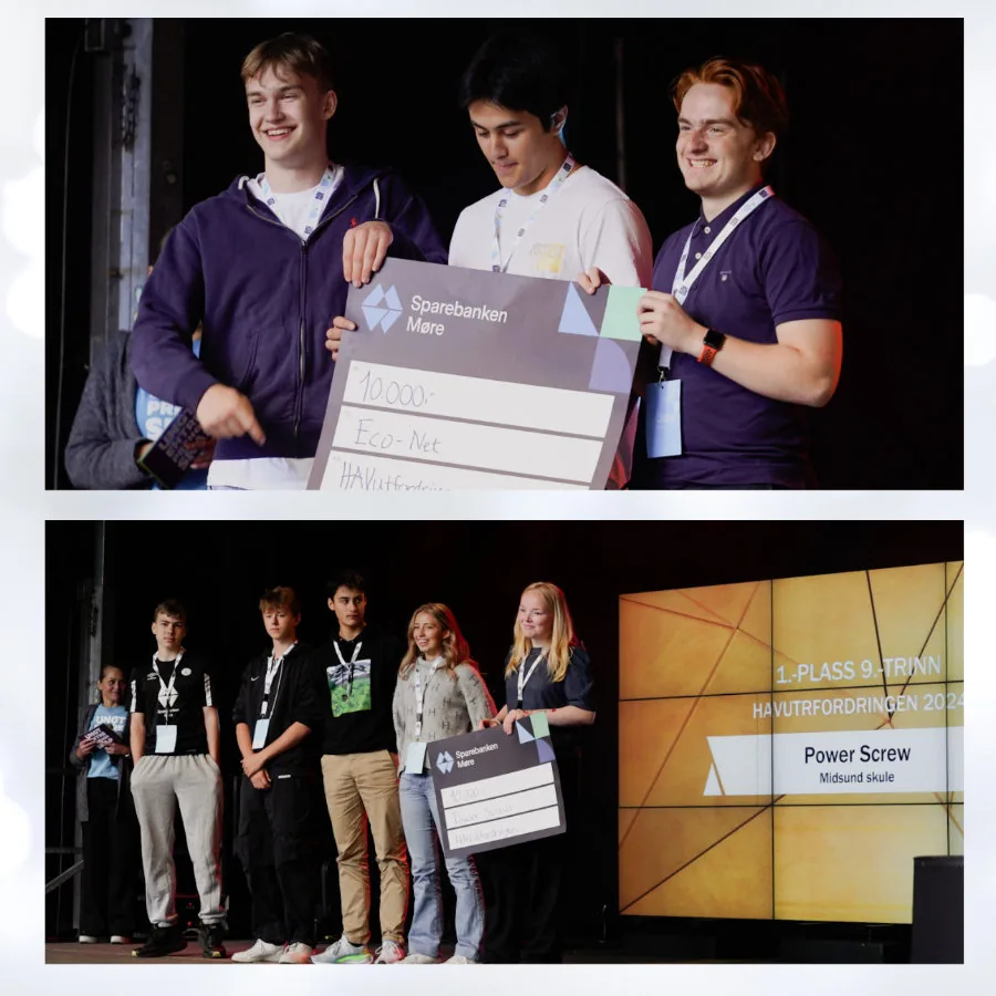 Top: three Eco-Net students proudly holding their NOK 10 000 cheque on stage. Bottom: the Power Screw team on stage at the HAVutfordringen 2024 awards.