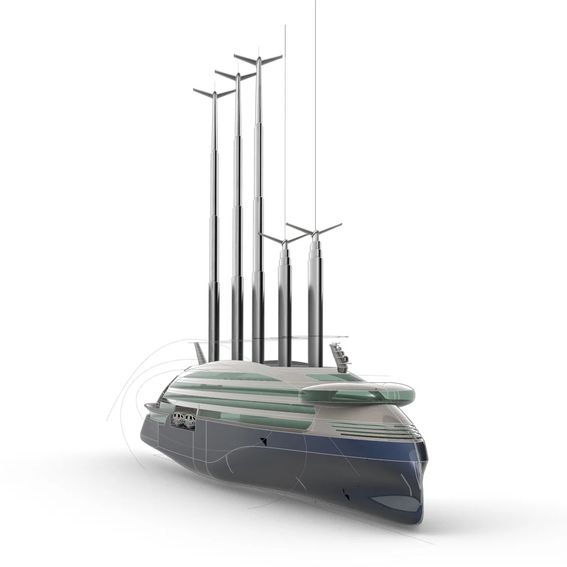 Concept illustration of a vessel hull with several tall vertical masts and faint flow lines, shown on a white background.