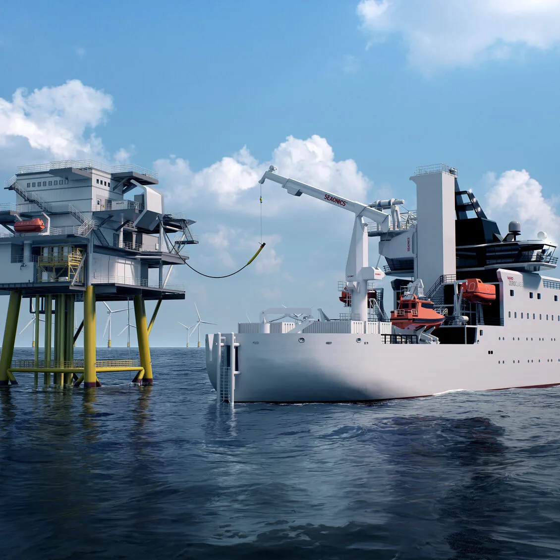 Illustration of an electrified offshore operation: a service vessel alongside an offshore platform, with a crane and cable connection, and wind turbines in the background.