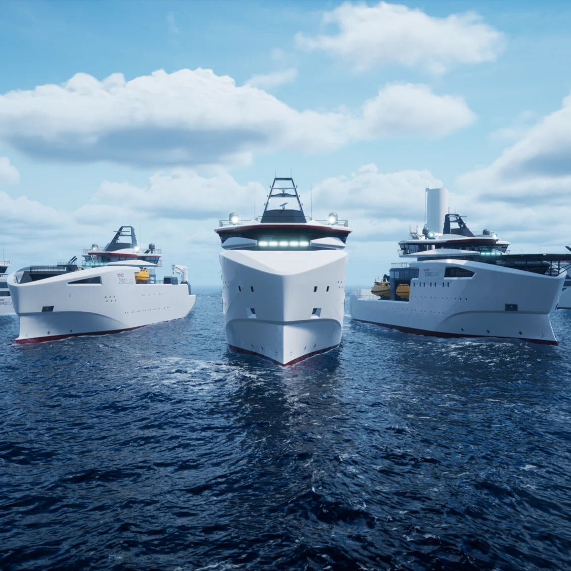 Three modern zero-emission vessel concepts sailing side by side on open water under a bright sky.