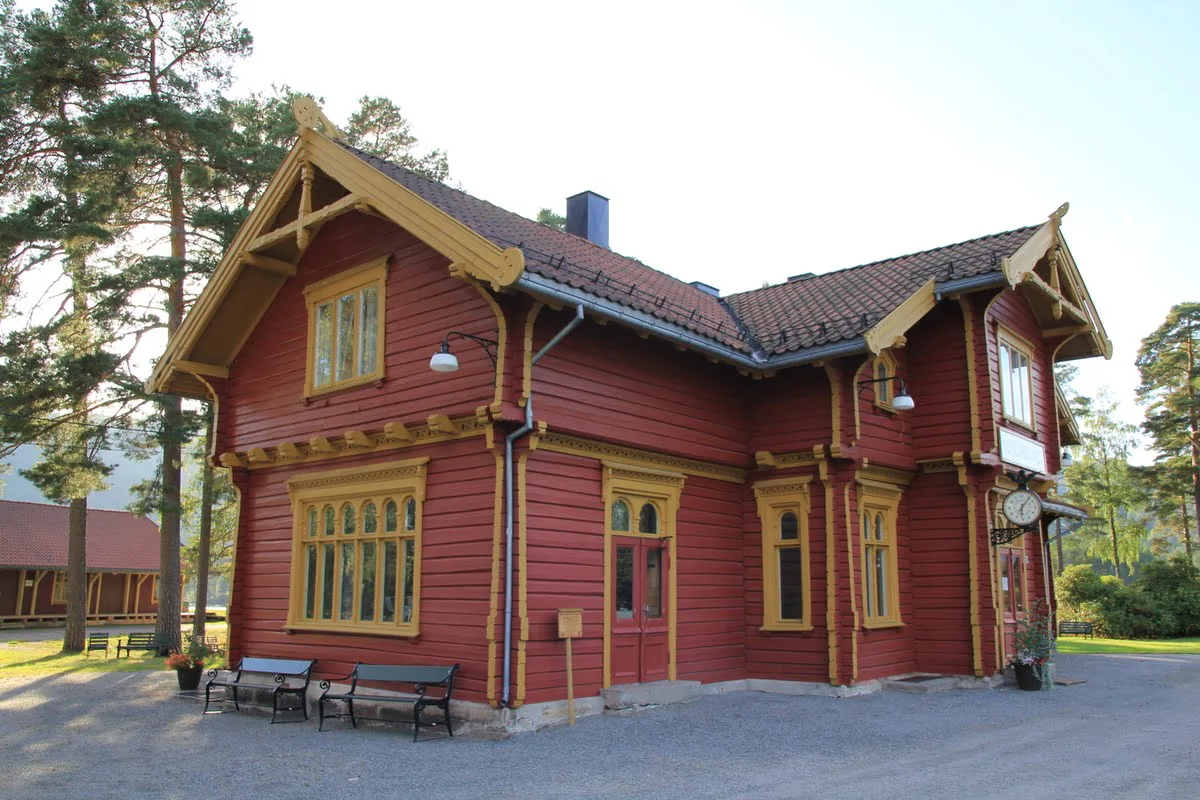 Old red and yellow wooden train station in Byglandsfjord