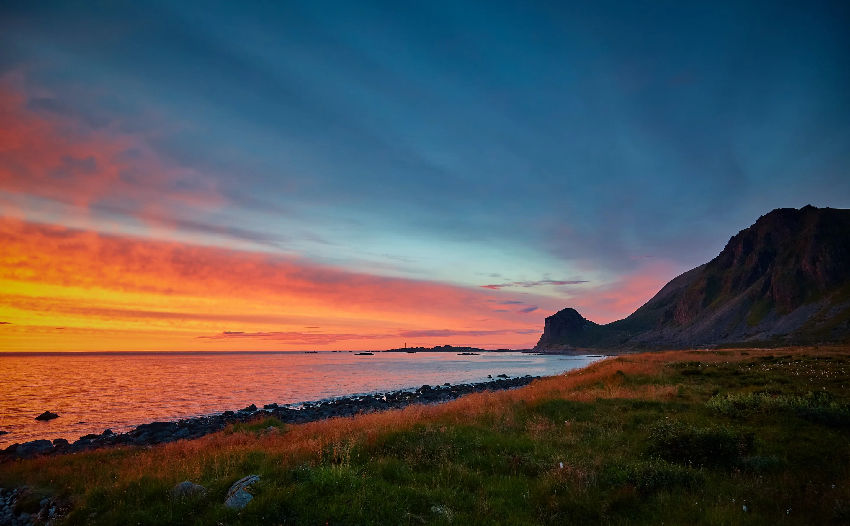 Green grass field and seashore at Hovden in landscape photography