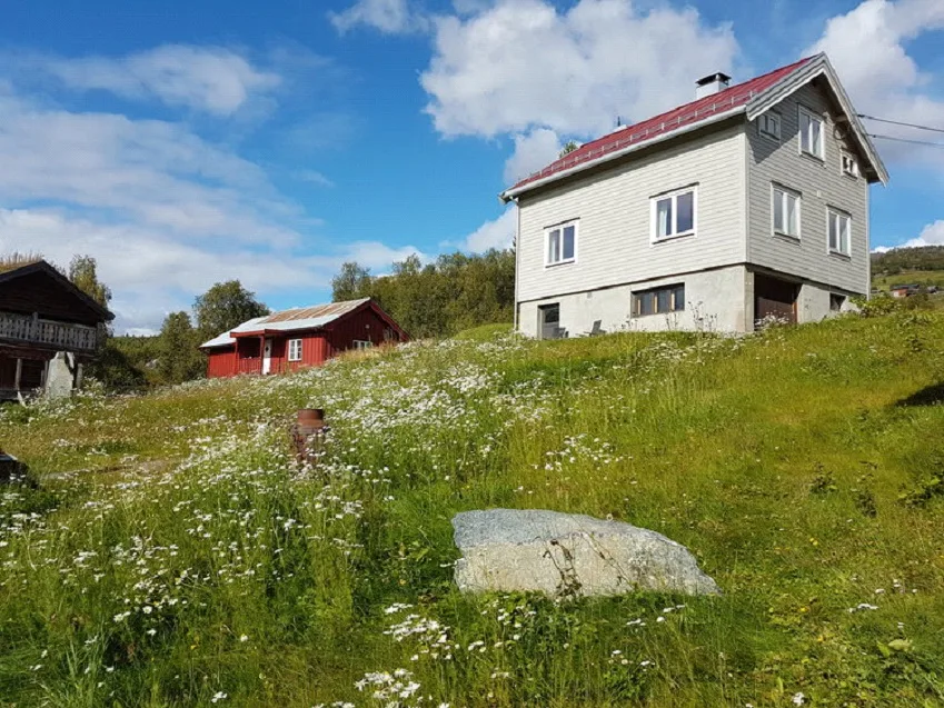 Leveld Kunstnartun, a white house, a barn and an old wooden building