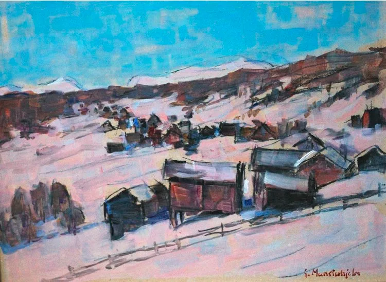 A painting of old wooden buildings in snow in Leveld, Norway
