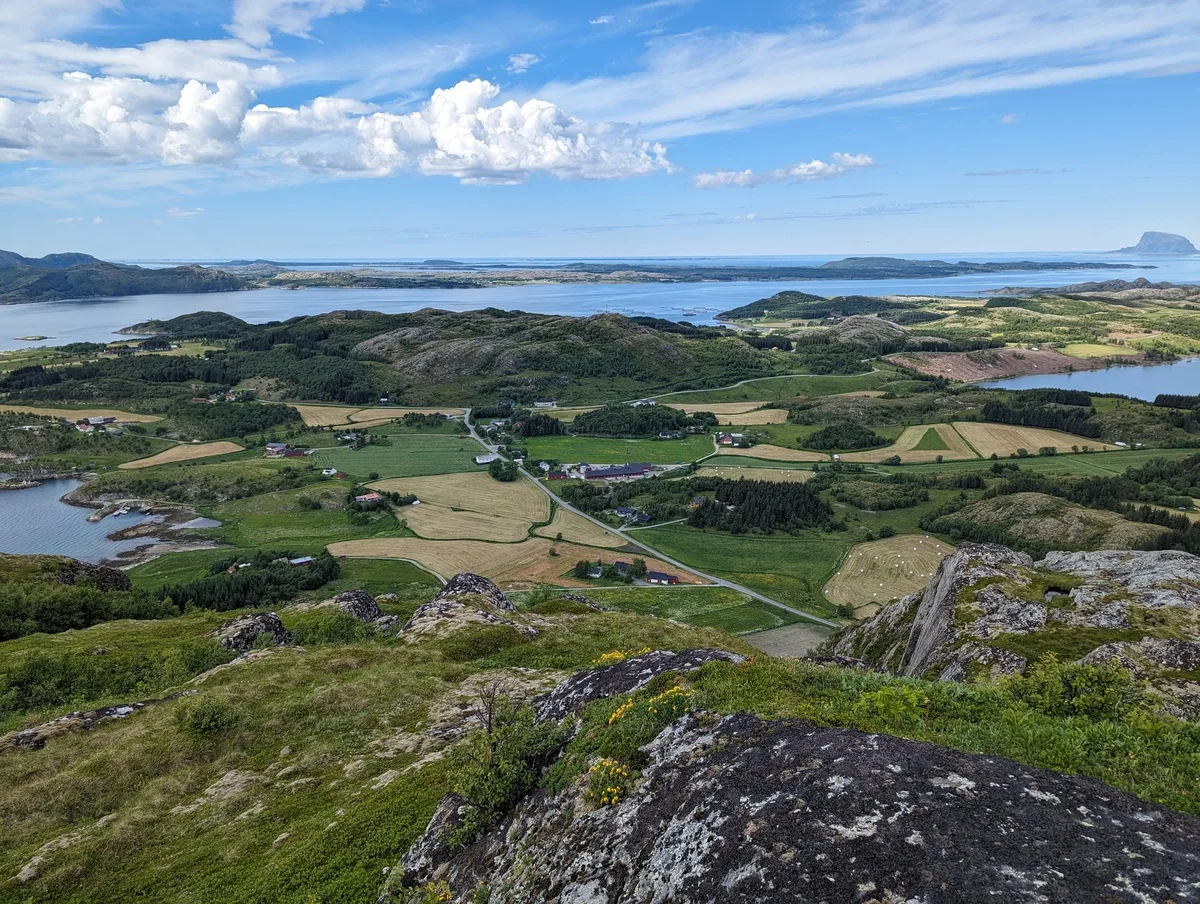Lovely view of the sea, mountains and houses on Løkta, Dønna
