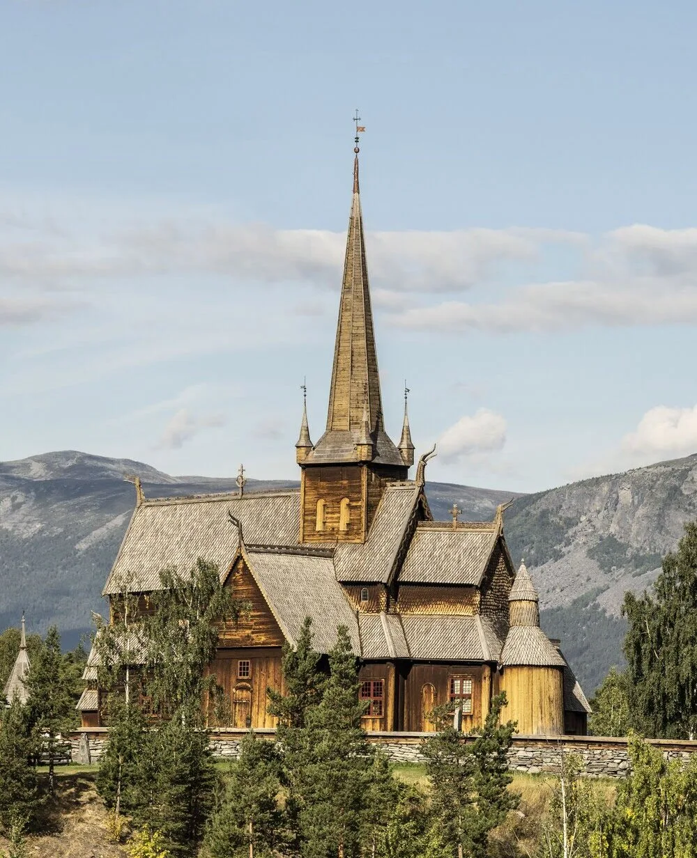 Lom Stave Church with intricately carved dragon heads