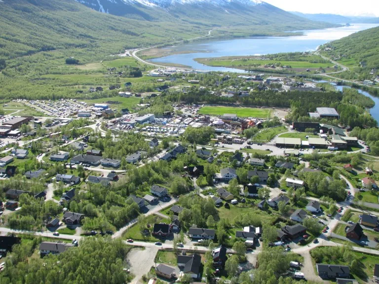 View of Nordkjosbotn village with mountains in the background