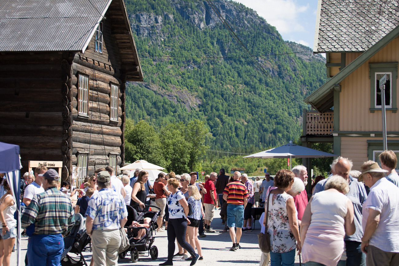 Ose village in the Setesdal valley with river and mountains