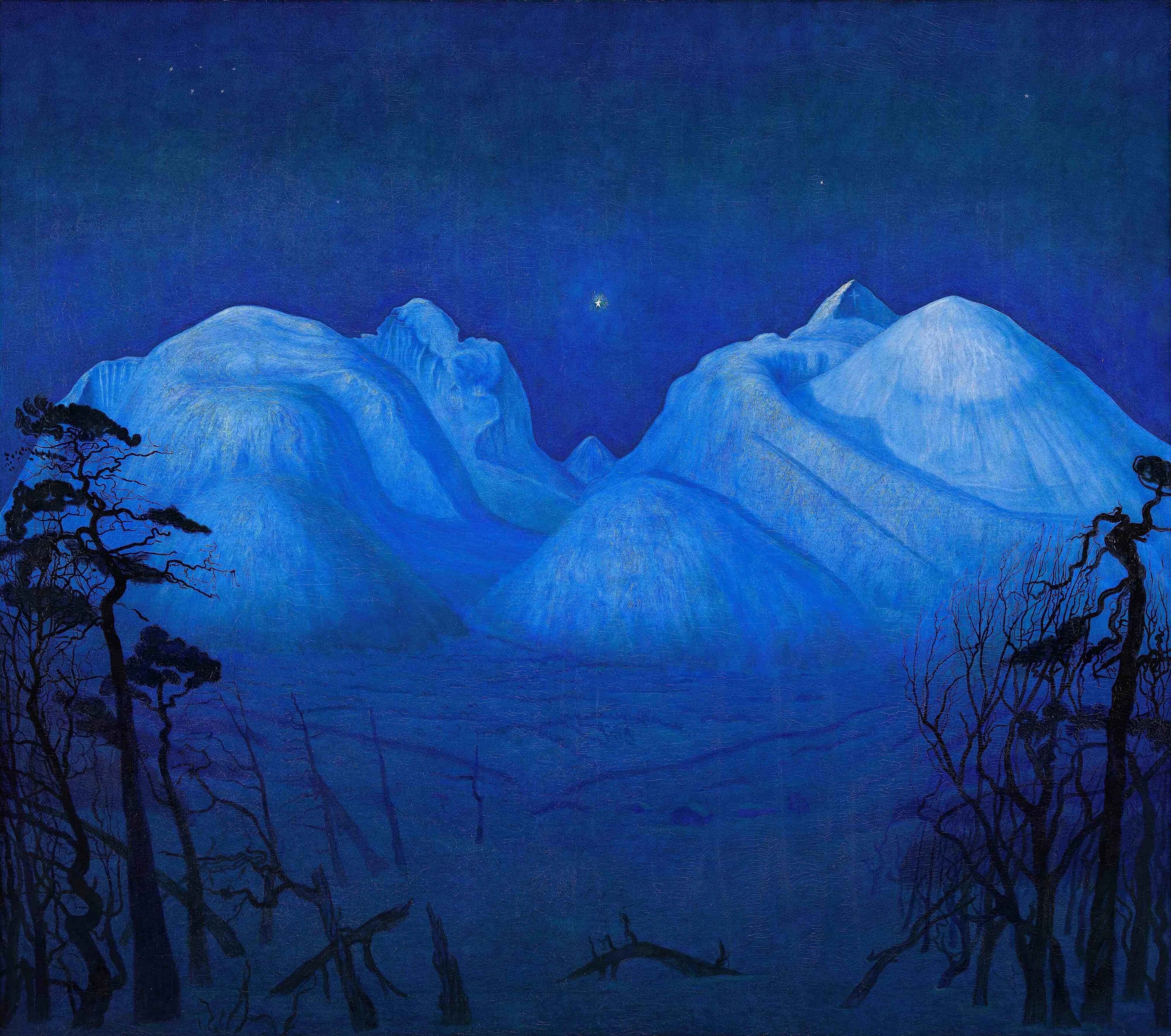 The painting Winter Night in the Mountains (Vinternatt i Rondane) by Harald Sohlberg