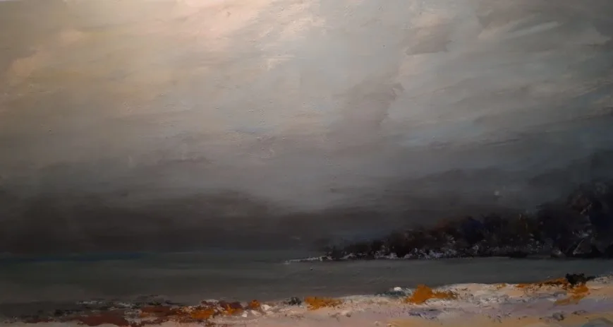 Atmospheric painting of a calm fjord with dark mountains and a pale, overcast sky