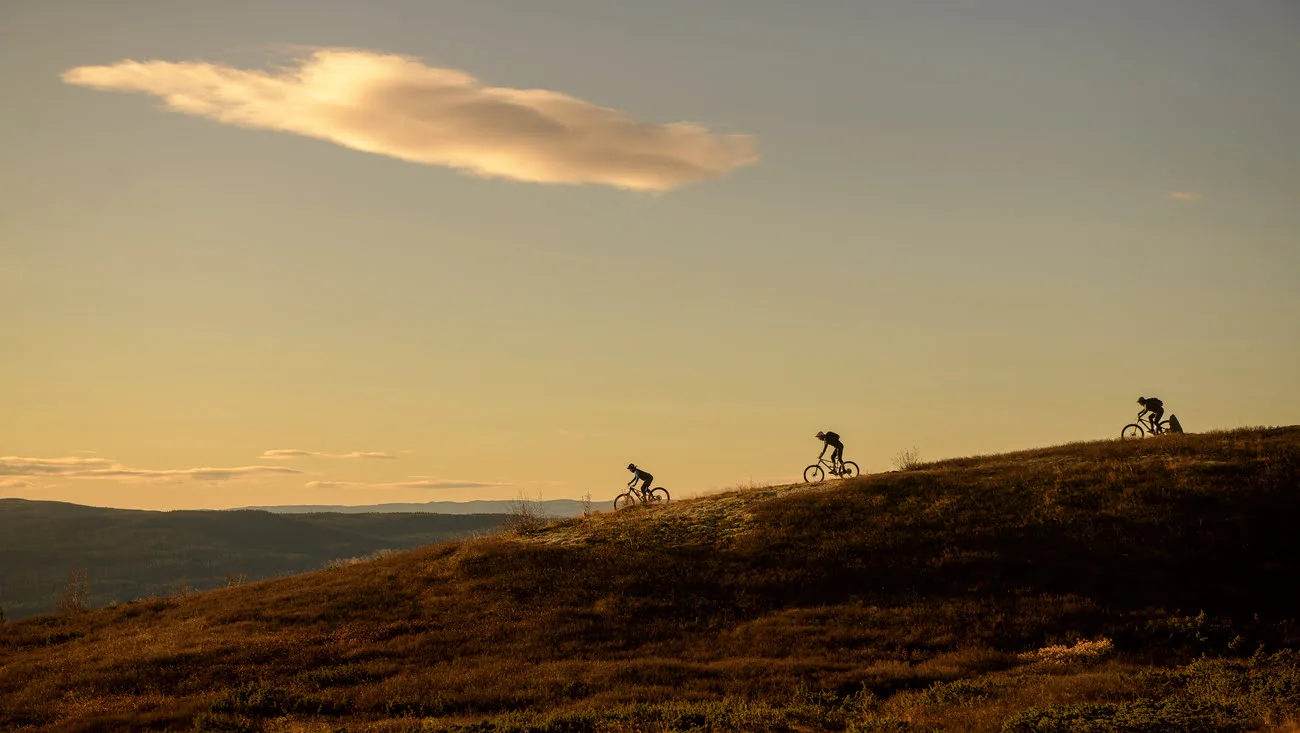 Three people trail biking on a mountain near Torpo