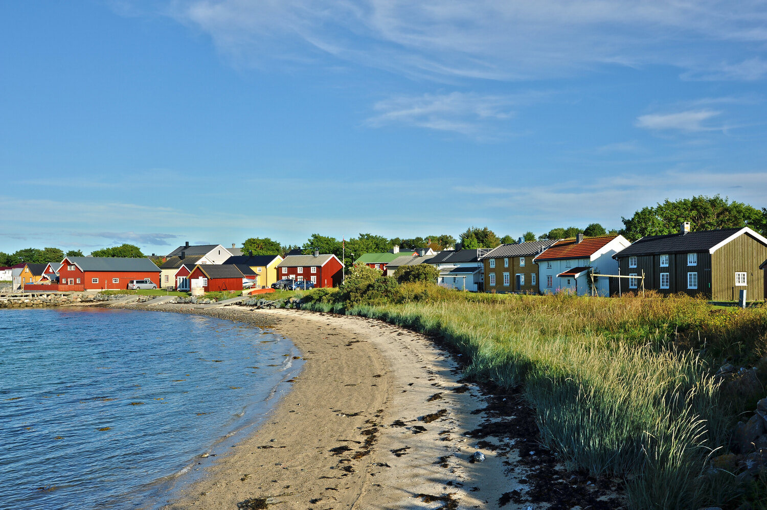 Sjøgata in Uthaug with traditional fishing houses along the waterfront