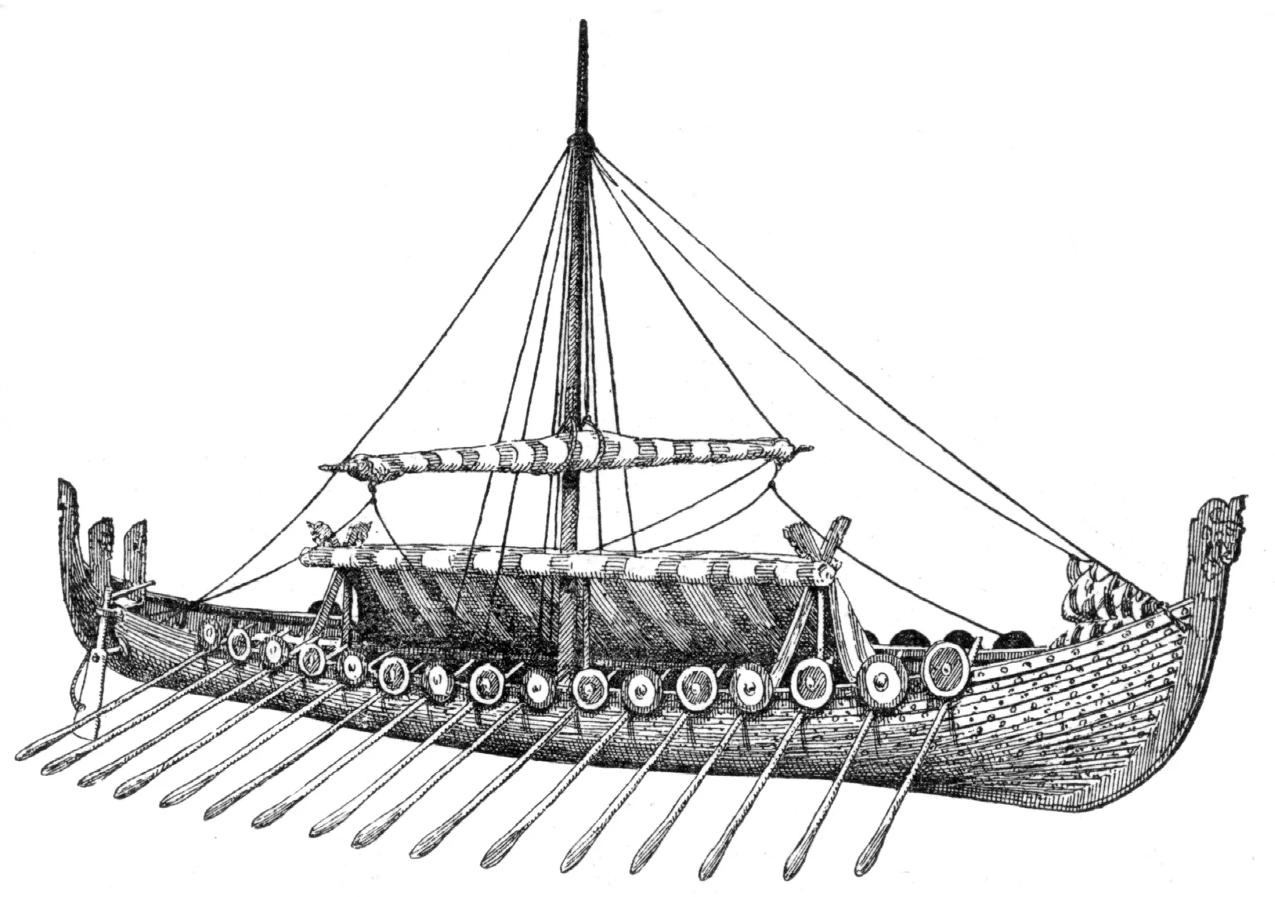 Historical illustration showing a Viking longship with shields along the sides