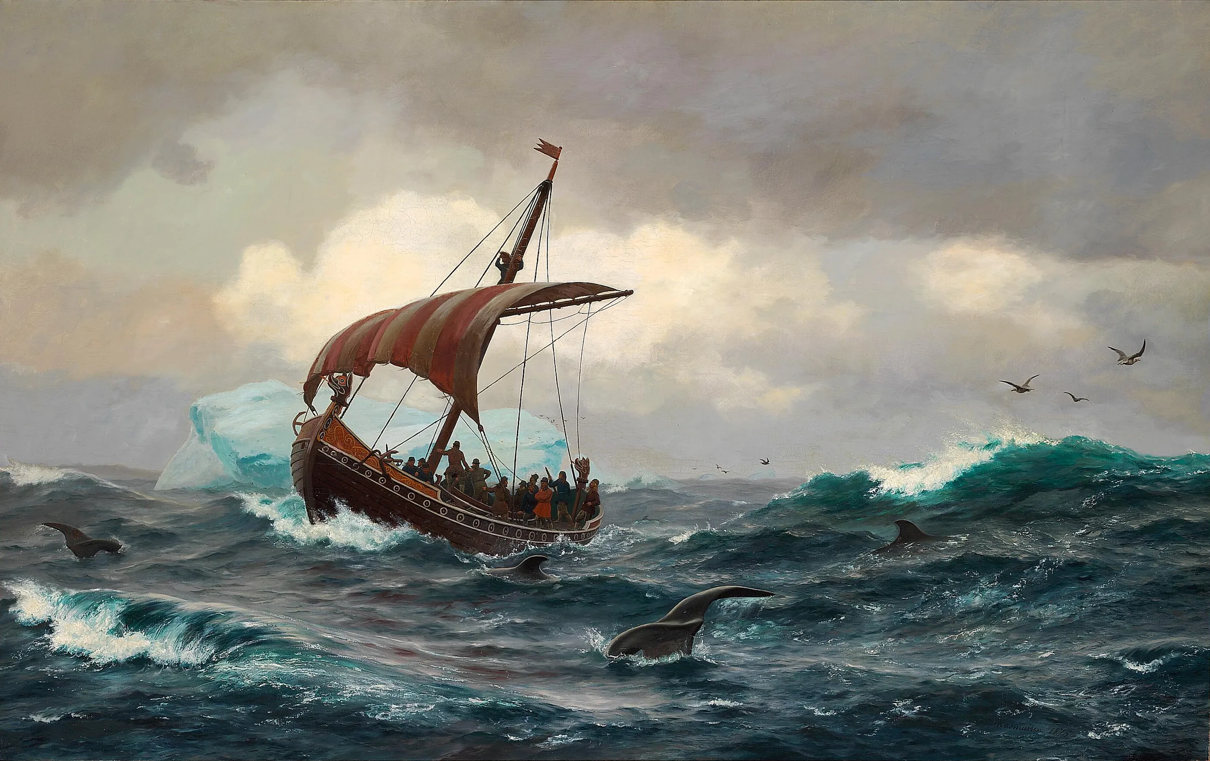 Viking ships sailing by the Greenland coast on a bright summer night