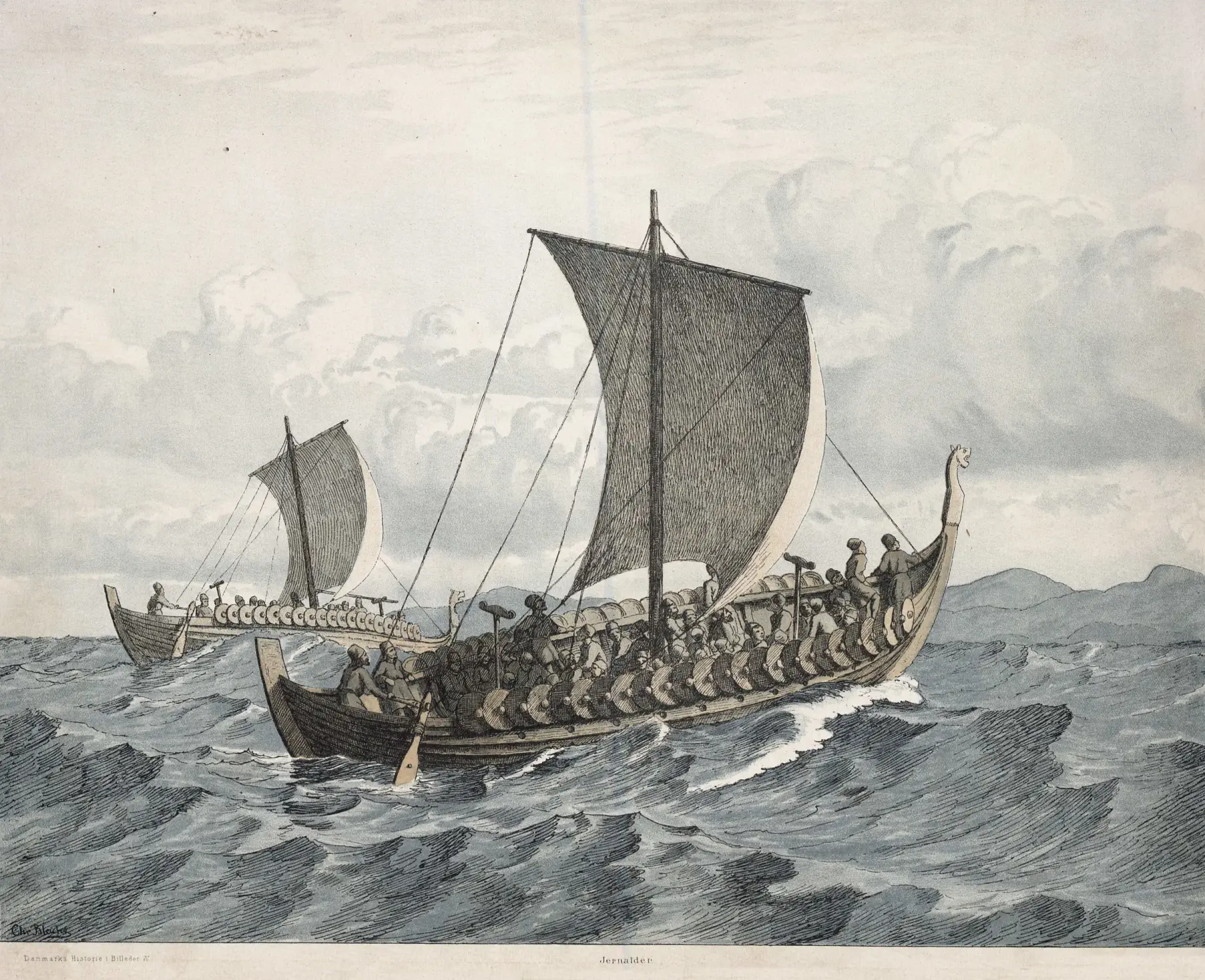 Historical illustration of two karves sailing at sea