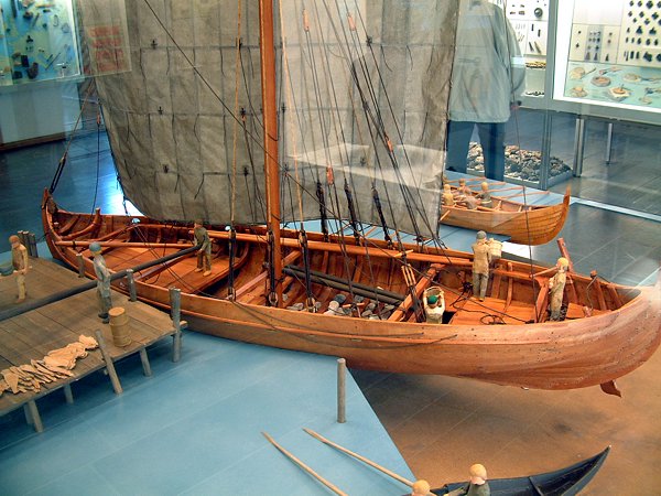 Museum model showing the broader, deeper hull of a Viking knarr
