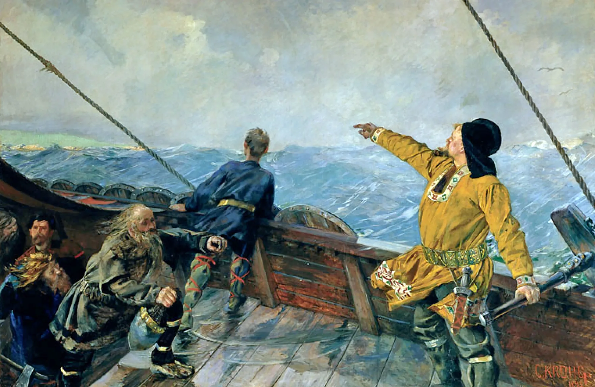 Painting of Leif Eriksson arriving in North America with a Viking ship behind him