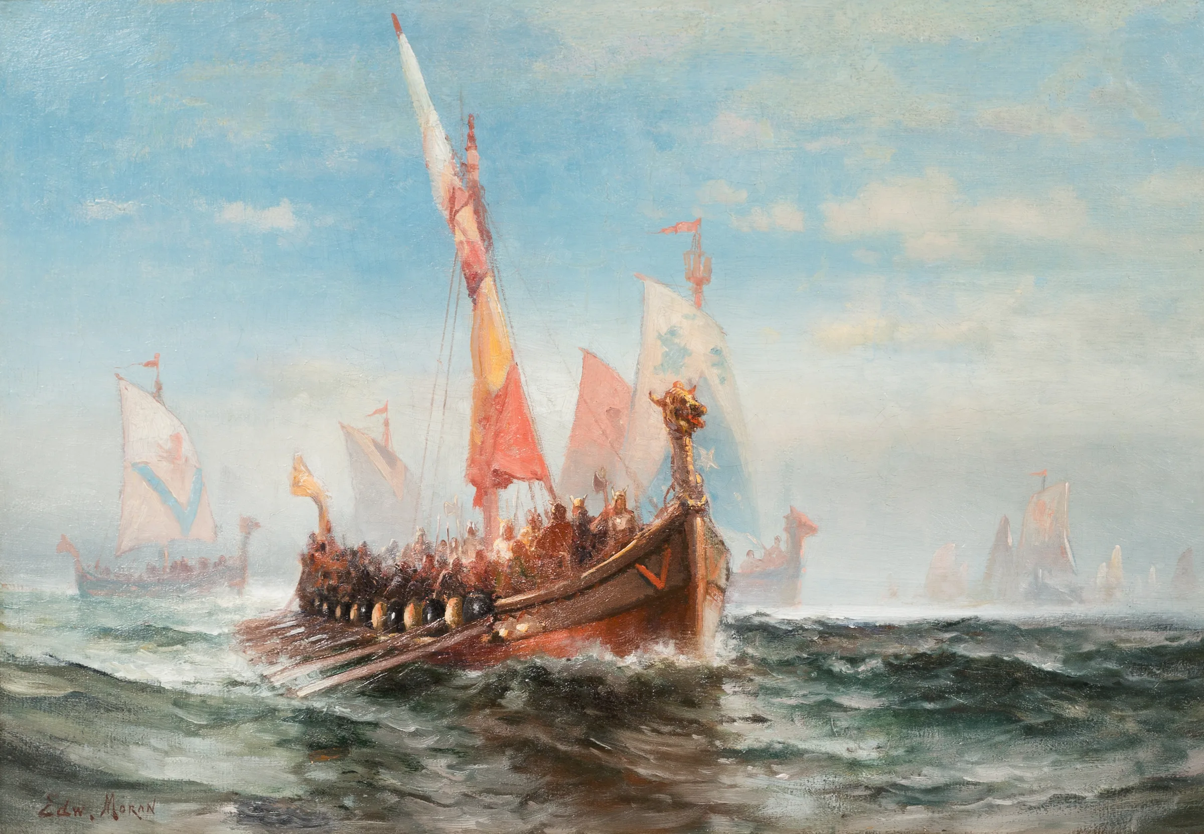Painting of a Viking fleet crossing the sea under dramatic light