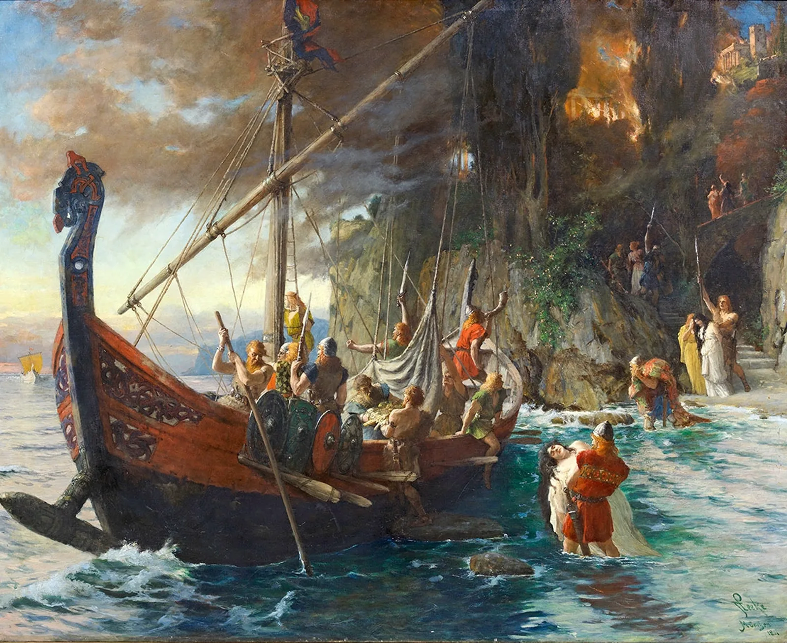Painting of a Viking raid with armed warriors landing from their ship
